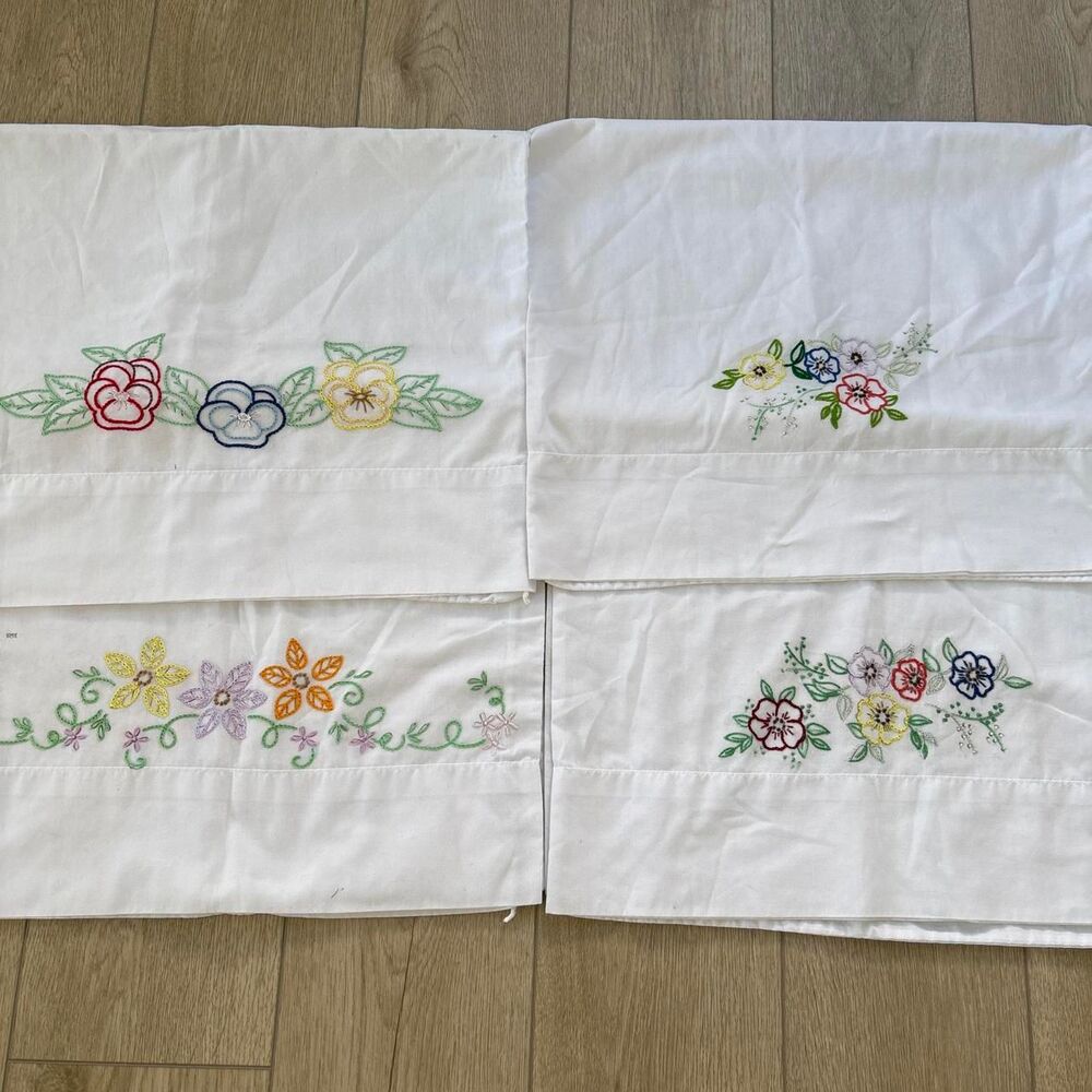 Embroidered pillowcase covers set (4) retro handmade
